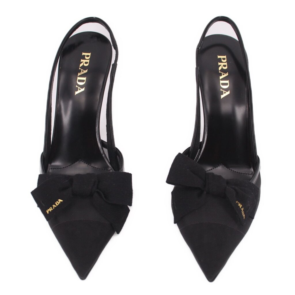 Pair of Prada black slingback heels with bow across the front