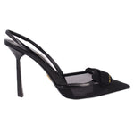 Prada black slingback heels with thin stiletto heel and bow at vamp