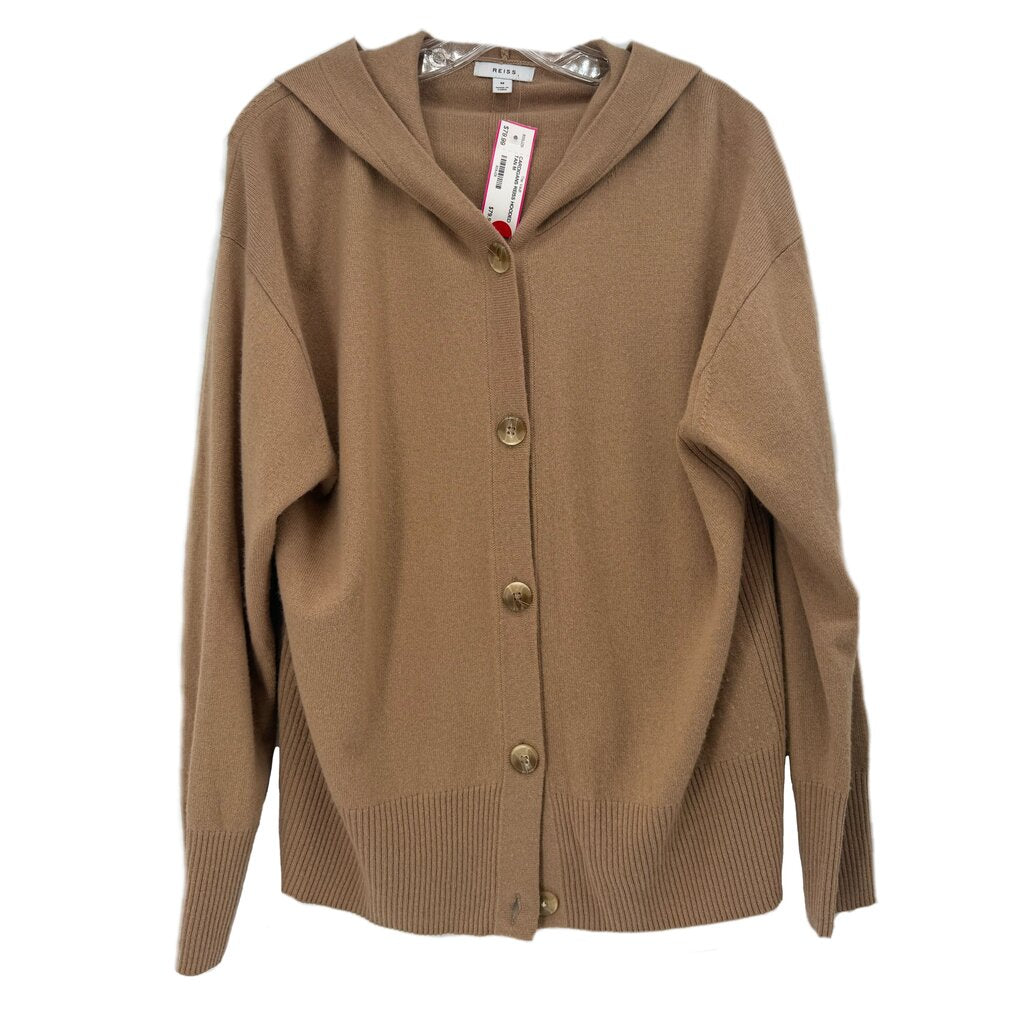 Tan hooded cardigan with button front, dropped shoulders, and ribbed hem and cuffs
