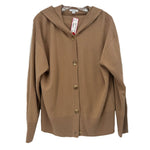 Tan hooded cardigan with button front, dropped shoulders, and ribbed hem and cuffs