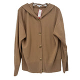 Tan hooded cardigan with button front, dropped shoulders, and ribbed hem and cuffs
