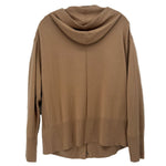 Back of tan hooded cardigan with ribbed hem and cuffs