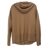 Back of tan hooded cardigan with ribbed hem and cuffs