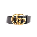 Black leather belt with gold-tone double G buckle and adjustable strap