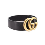 Black leather belt with gold-tone double G buckle, side view