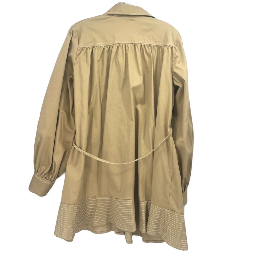 Tan long-sleeve back view dress with yoke gathers, button placket, and striped hem band