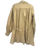 Tan long-sleeve back view dress with yoke gathers, button placket, and striped hem band