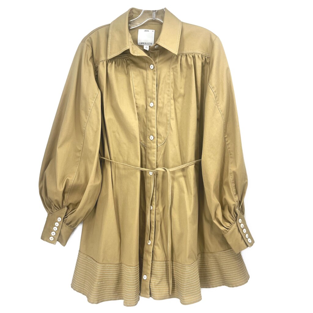 Tan long-sleeve dress with button front, collar, gathered yoke, and tied waist string