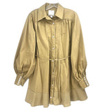 Tan long-sleeve dress with button front, collar, gathered yoke, and tied waist string