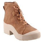 Brown lace-up booties with side zipper and cushioned white platform sole