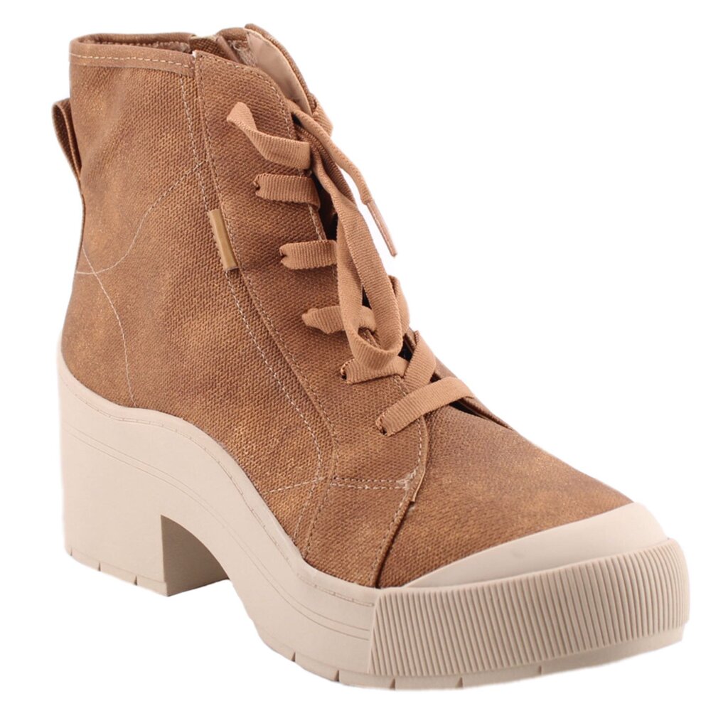 Brown lace-up ankle bootie with side zipper and chunky white sole