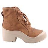 Brown lace-up ankle bootie on block heel with textured white outsole