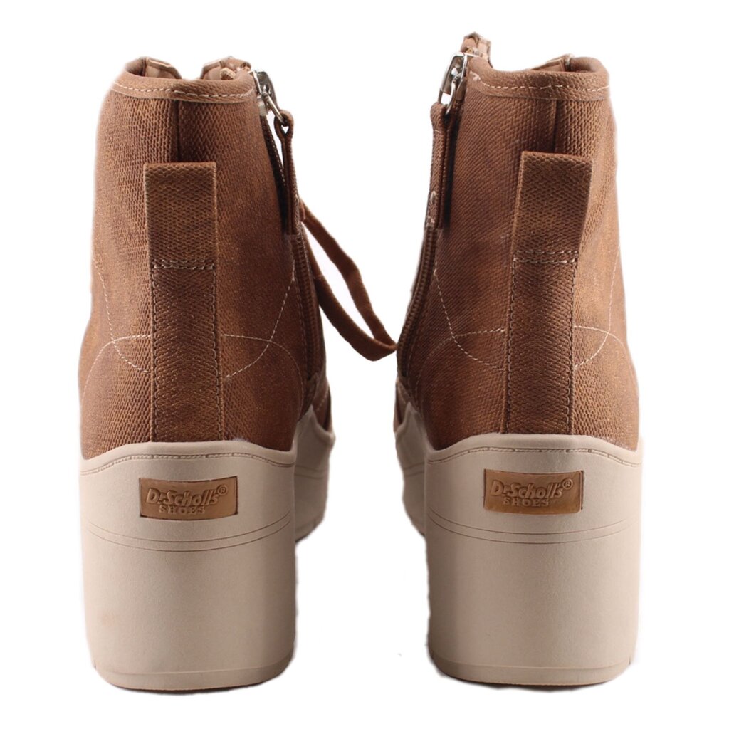 Brown ankle booties with side zipper and white platform sole, back view