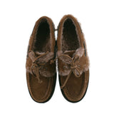 BRUNELLO CUCINELLI MONILI SUEDE SHEARLING-LINED BOAT LOAFERS TAUPE 37 EU | 7.5 US