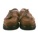 BRUNELLO CUCINELLI MONILI SUEDE SHEARLING-LINED BOAT LOAFERS TAUPE 37 EU | 7.5 US