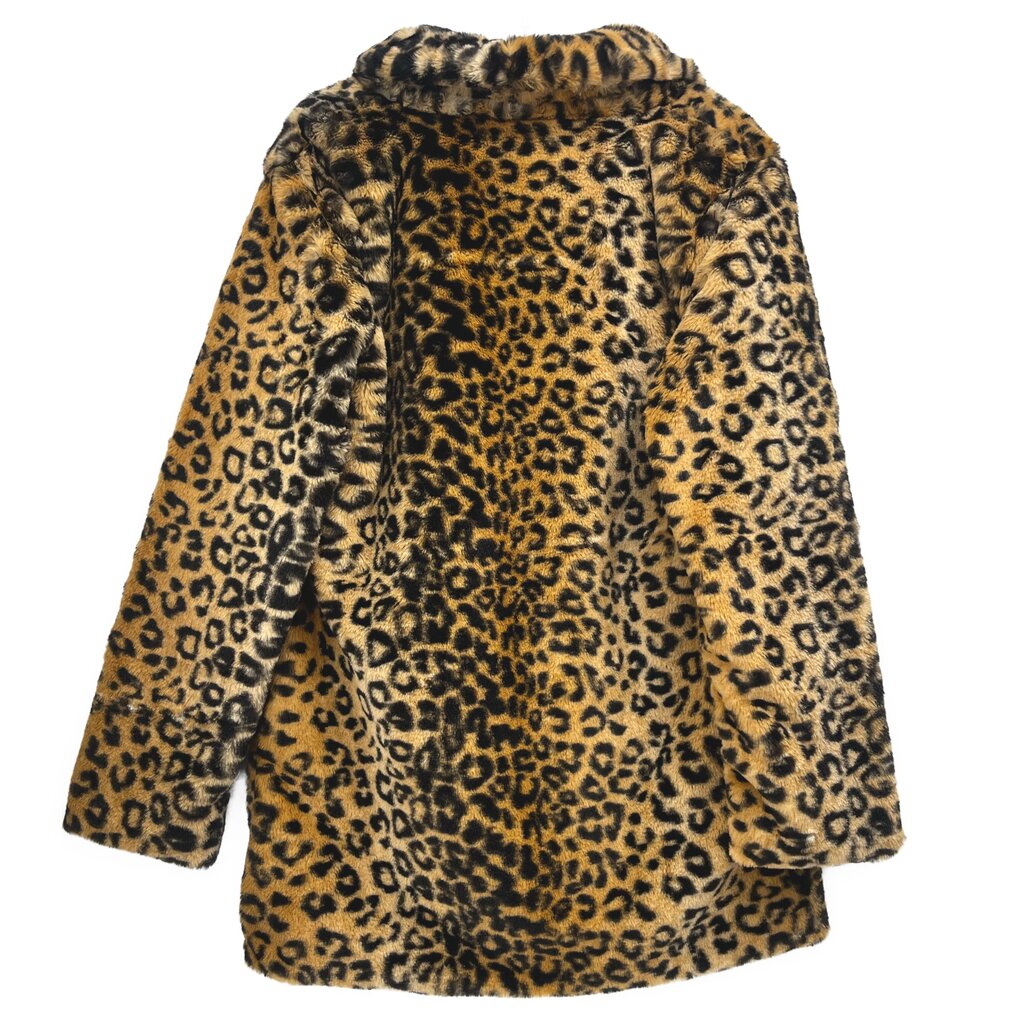 Leopard faux-fur jacket back view with fuzzy hooded collar, long sleeves
