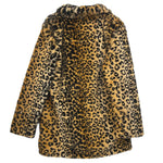 Leopard faux-fur jacket back view with fuzzy hooded collar, long sleeves