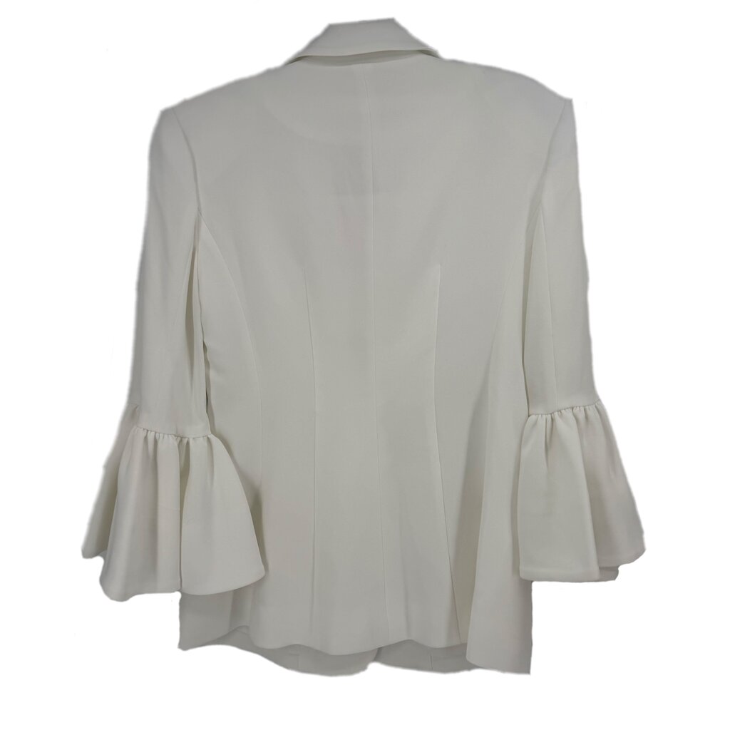 White one-button blazer, back view, with flared sleeve cuffs and gathered hem