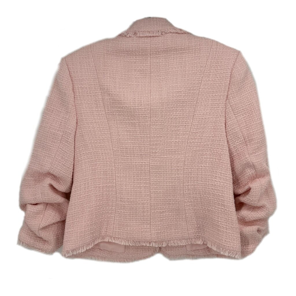 Pink tweed blazer back view with textured weave and frayed hem