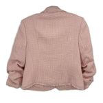 Pink tweed blazer back view with textured weave and frayed hem