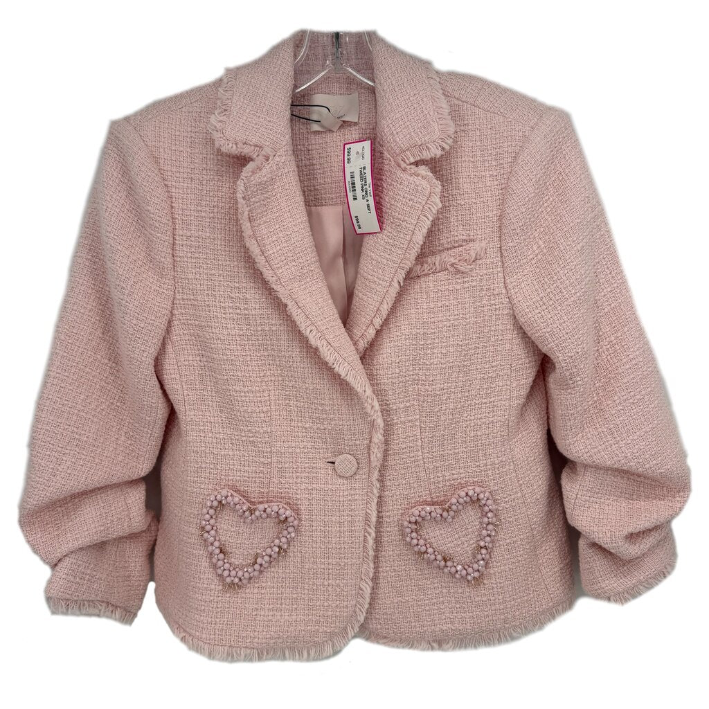 Pink tweed blazer with ruffled lapel and heart-shaped embellishments