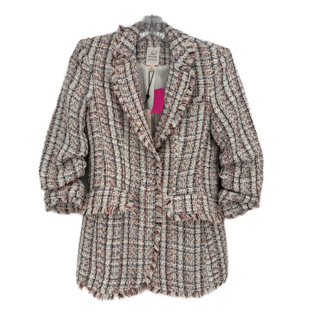 White and red tweed blazer with frayed edges, V-neck front, and rolled puff sleeves