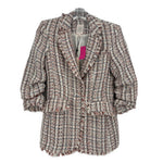 White and red tweed blazer with frayed edges, V-neck front, and rolled puff sleeves