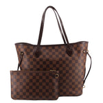 Damier Ebene check tote bag with top handles and front pocket, dark trim