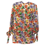 Floral print blouse with gathered tie sleeves and button front, multi-color