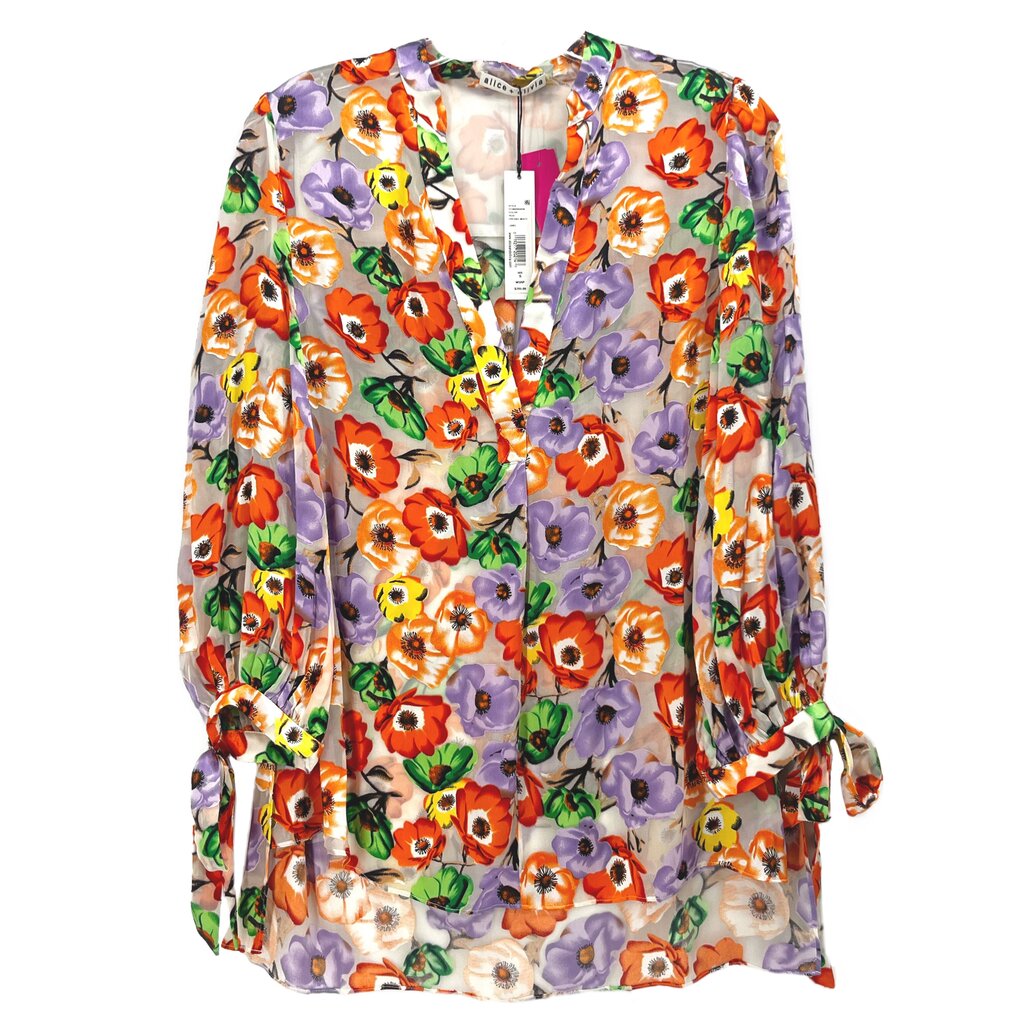 Floral print blouse with button front and tie sleeves, orange, purple, white