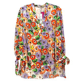 Floral print blouse with button front and tie sleeves, orange, purple, white