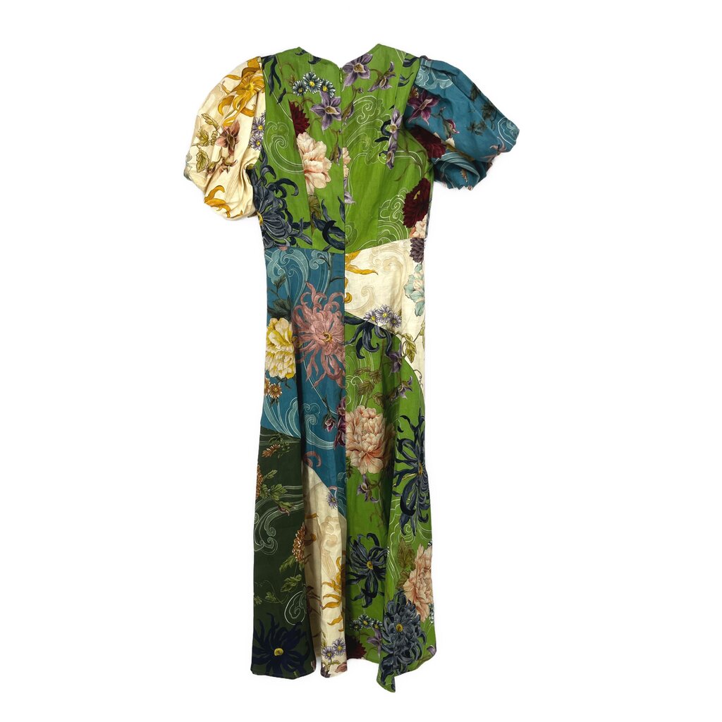 Green and cream floral midi dress with gathered puff sleeves and short sleeves