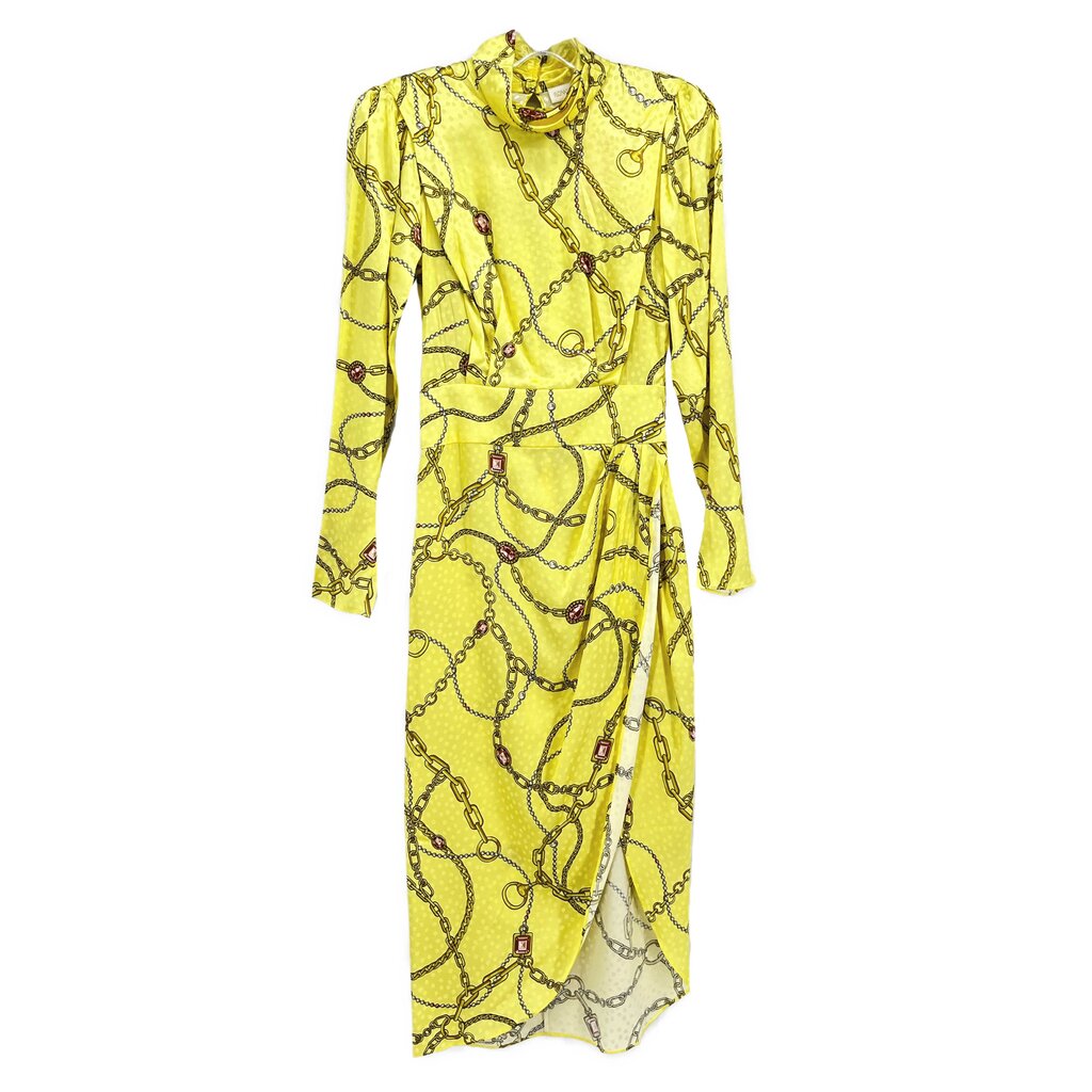 Yellow chain-print dress with long sleeves and high neckline, belted waist