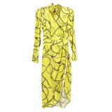 Yellow chain-print dress with long sleeves and high neckline, belted waist