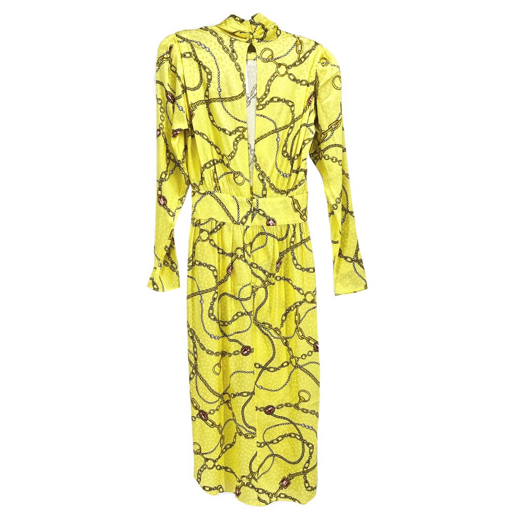 Yellow chain-print midi dress with long sleeves, round neck, gathered waist