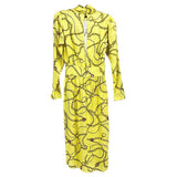 Yellow chain-print midi dress with long sleeves, round neck, gathered waist
