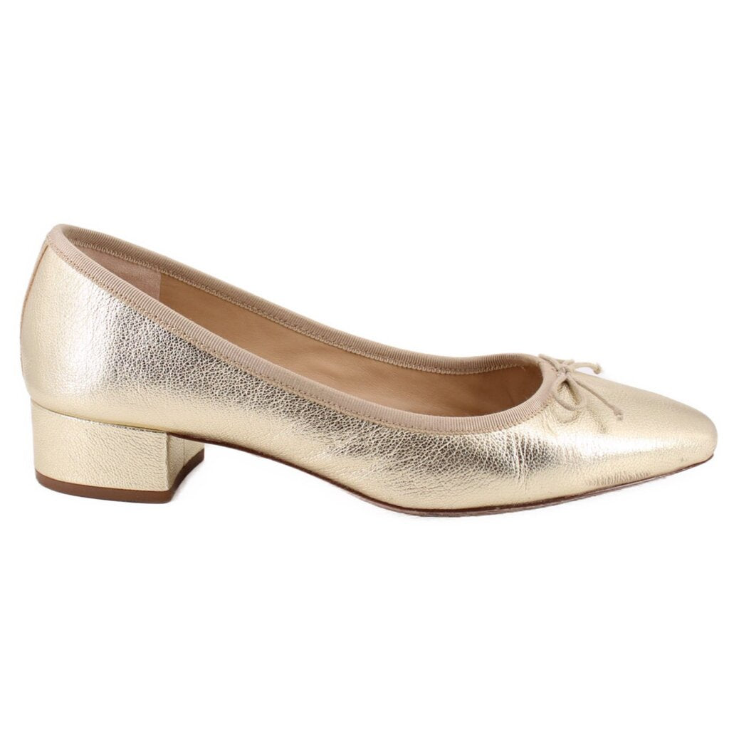 Metallic gold low block-heel ballet flats with bow detail on toe