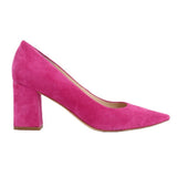 Pink suede pointed-toe pump with tall block heel, side view