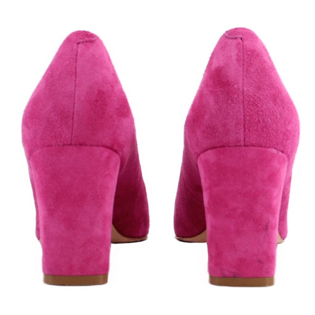 Pink suede pumps with block heels, back view showing heel counters
