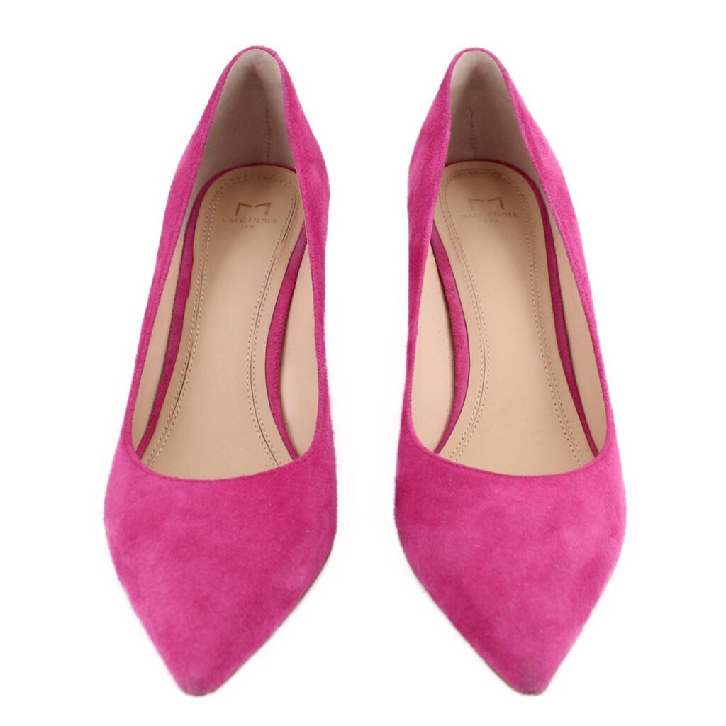 Pair of pink suede pointed-toe pumps with block heels, front view