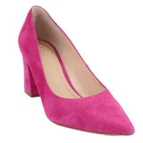 Pink suede pointed-toe block heels with low chunky heel, side angle view