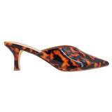Brown tortoise patent mule heel with pointed toe and stiletto-style slim heel