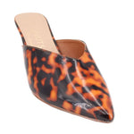 Brown tortoise patent mule heels, pointed toe slip-on with slim heel