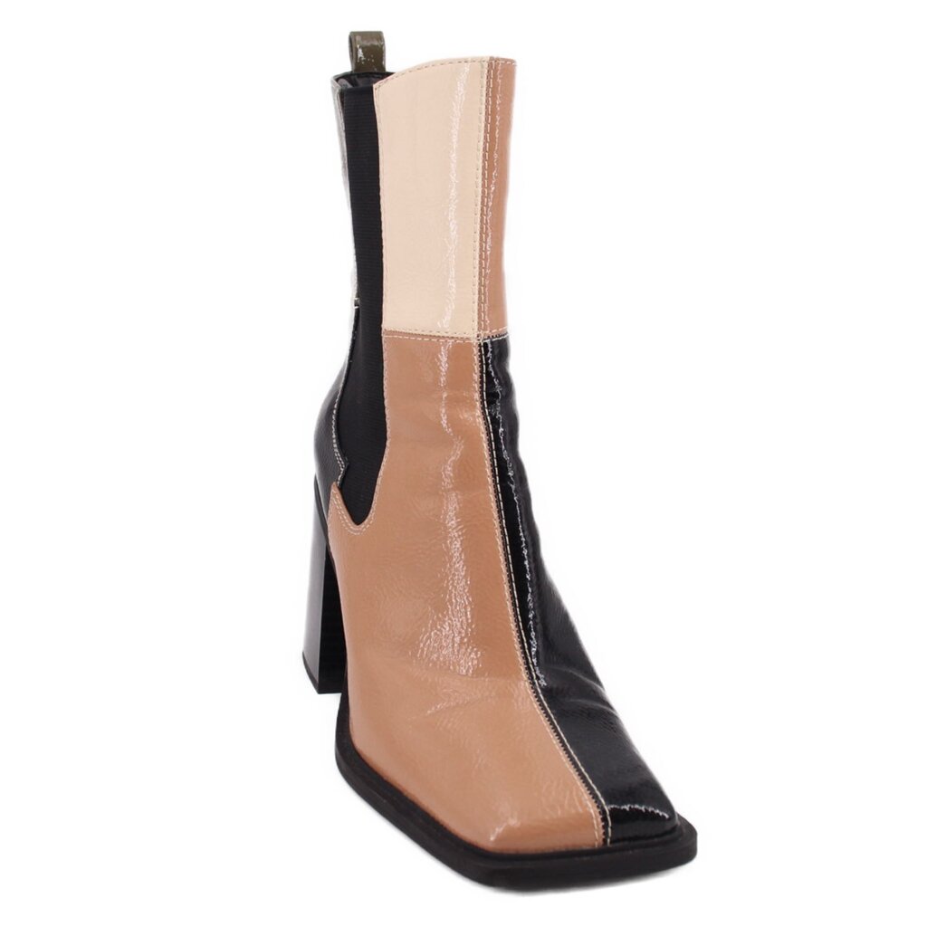 Black and tan patchwork ankle booties with block heel and pull tab