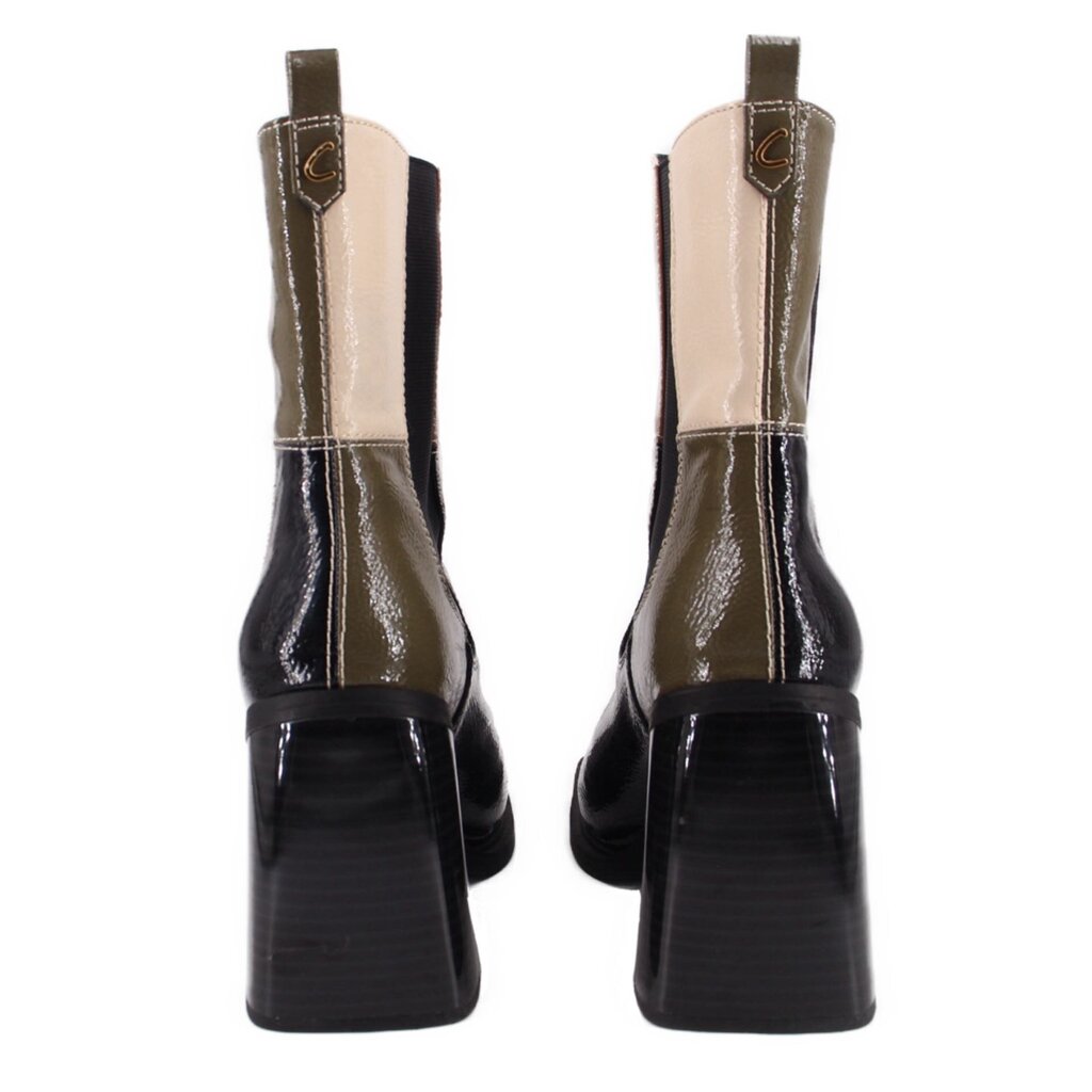 Black and tan patchwork ankle booties with stacked block heel, back view
