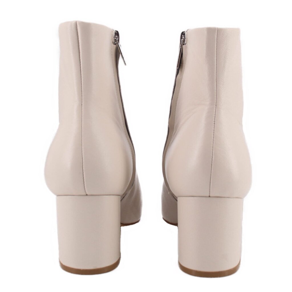 Cream leather ankle booties with back view, side zipper, block heel