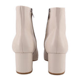 Cream leather ankle booties with back view, side zipper, block heel