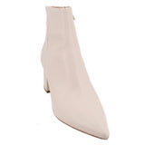 Cream leather ankle booties with pointed toe and low block heel