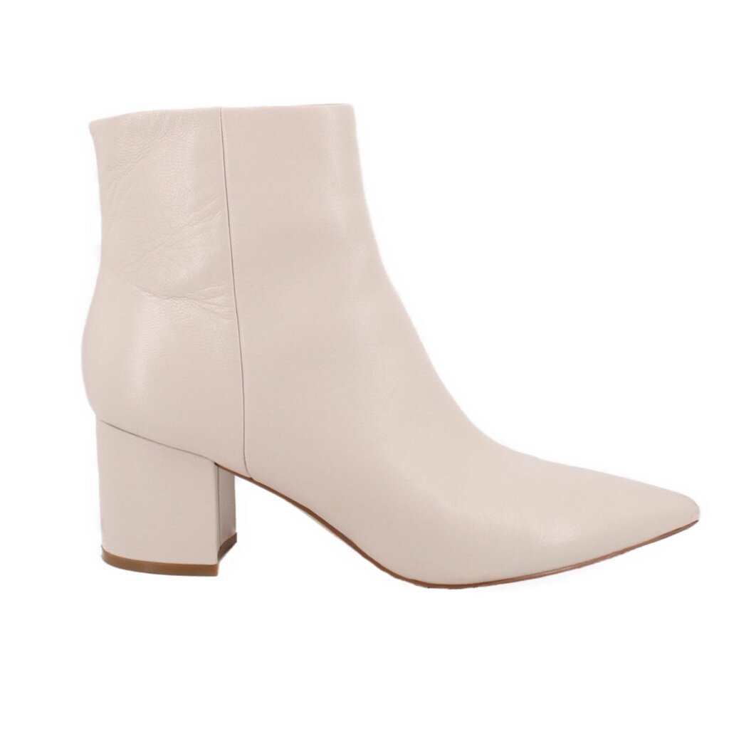 Cream leather ankle booties with pointed toe and chunky block heel