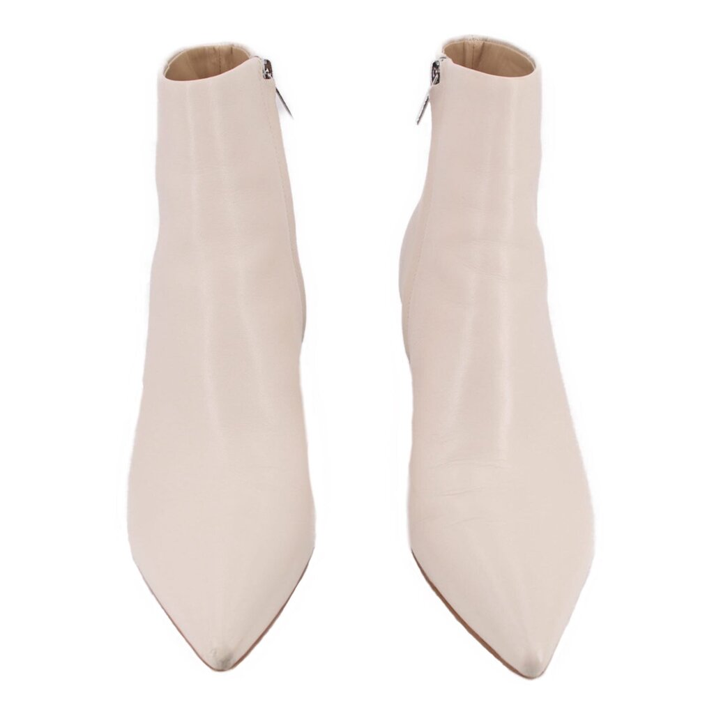 Cream leather side-zip ankle booties, pointed toe, block heel